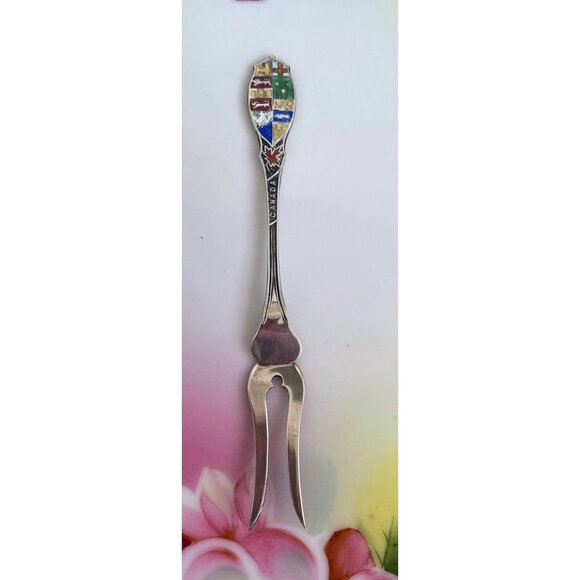 Vintage Canadian Souvenir Sterling Cocktail pickle Fork Enamel - Picture 12 of 12